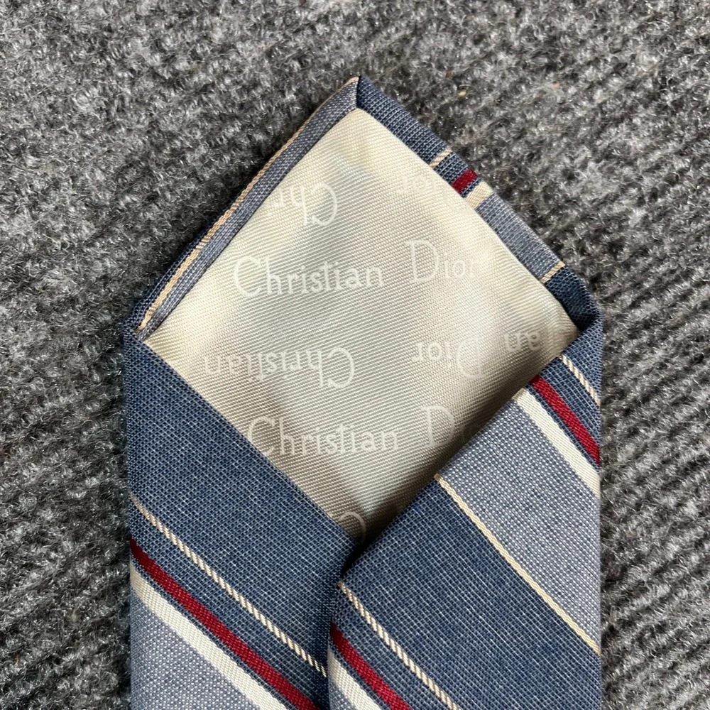 Christian Dior Mens Silk Blend Striped Tie Blue Burgundy Made in USA Woven Italy